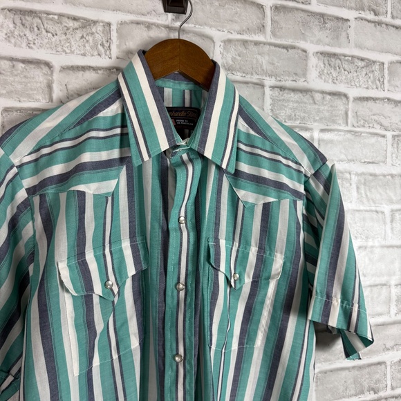 Panhandle Slim Western Vintage 90s Mint Striped Pearl Snap Shirt Mens Size 16 - Picture 2 of 7